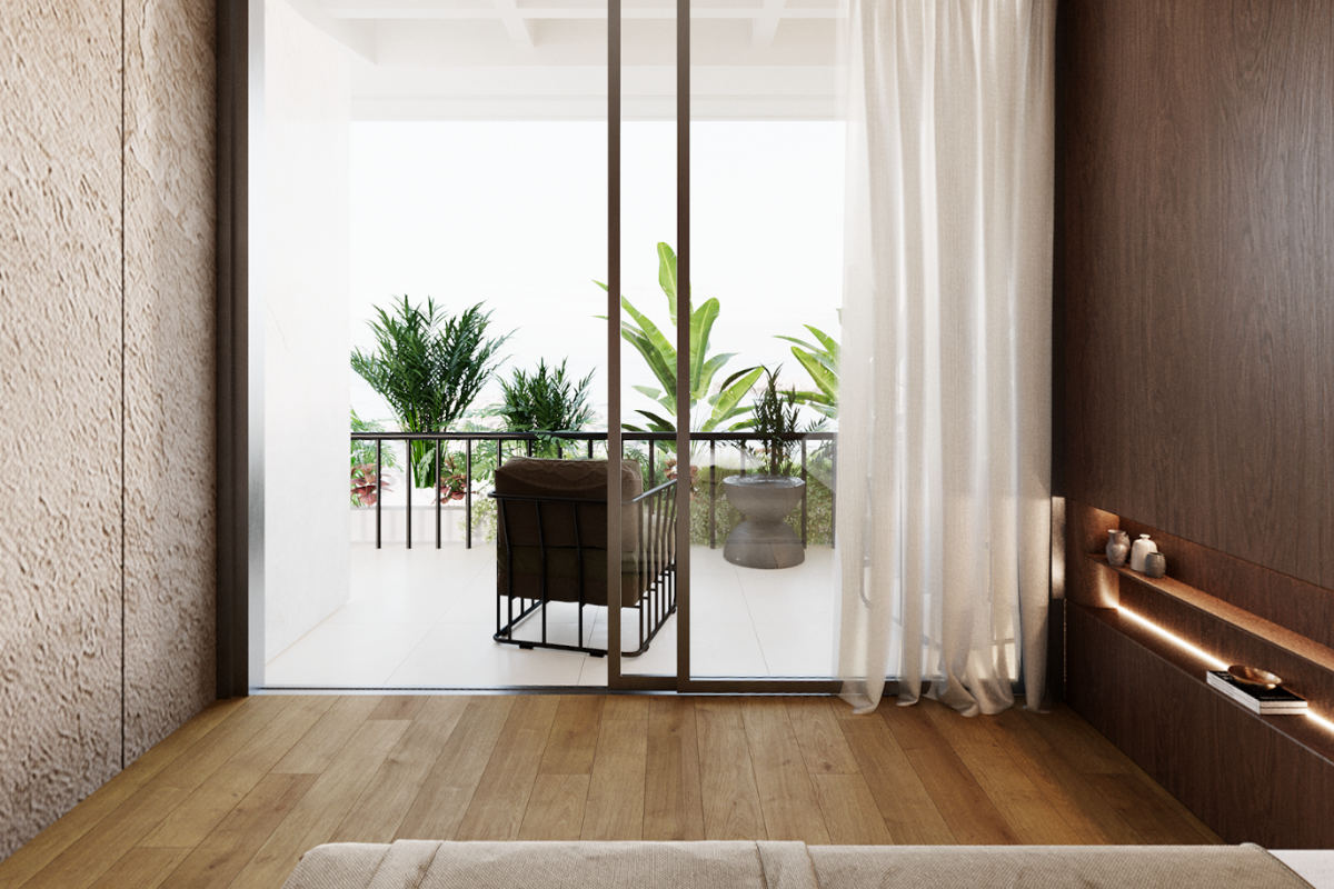 Render de habitación con salida al balcón