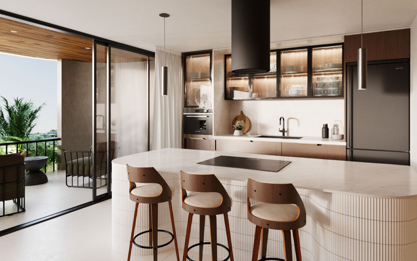 Render de cocina abierta con isla y terraza