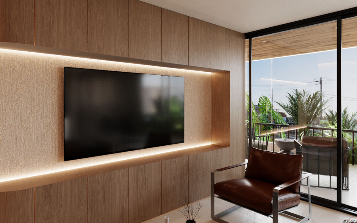 Render de sala con salida al balcón