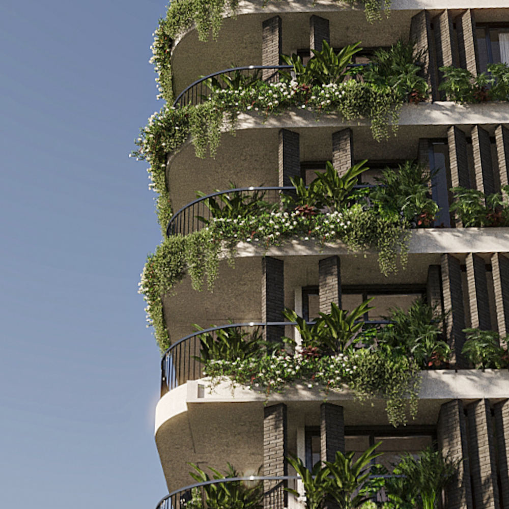 Detalle de balcones curvos con jardineras